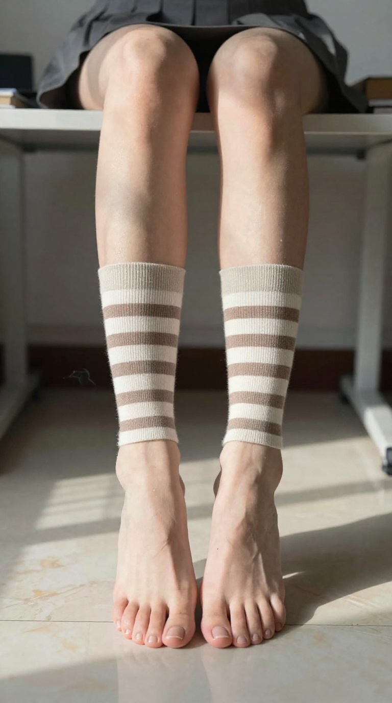 Top-down view of a woman's feet in striped knee-high socks balancing on tiptoes under an office desk, sunlight patterns on polished marble.