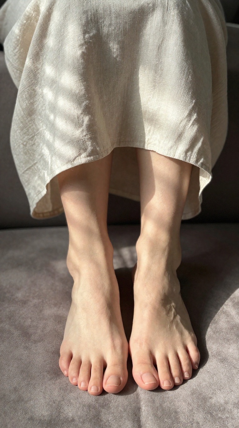 Bare feet with fully visible toes and unobstructed arches resting on a brushed suede seat, ankles tucked beneath a long linen wrap skirt, sunlight through blinds and softbox light.