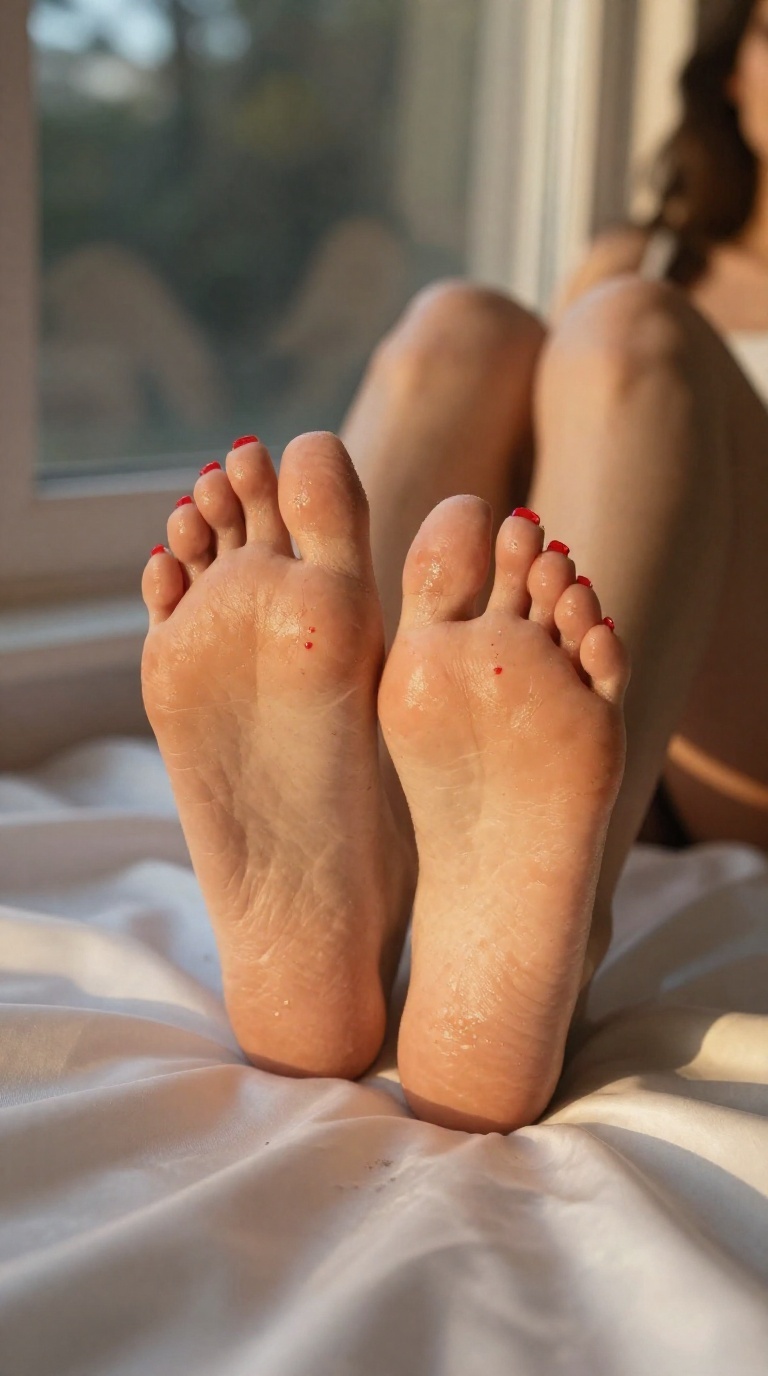 Close-up of a woman's bare feet with sweaty glistening soles, red nail polish, resting on damp silk sheets in warm amber and ivory light.