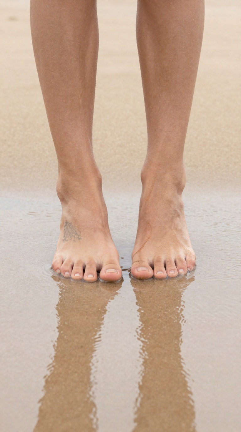 Close-up of a woman's feet with a botanical instep tattoo tracing circles on rain-wet pavement, seafoam and sand tones, reflected shimmer.