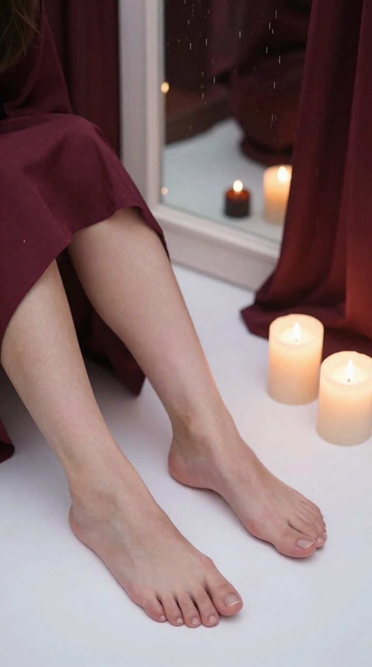 Bare feet with clean natural nails and arches tracing circles on white paper in a candlelit spa, neon reflections in mirror glow.