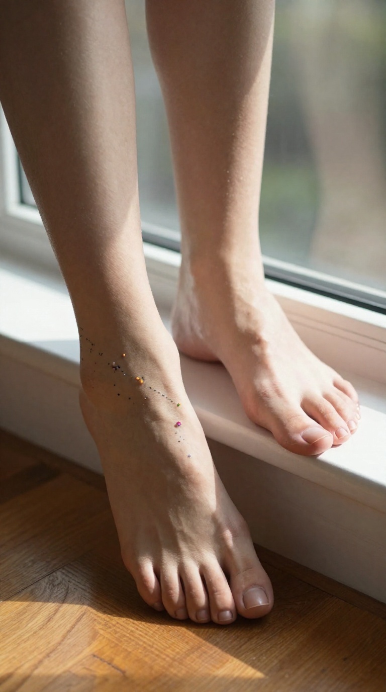 Bare feet with visible toes and arched insteps on a warm wooden floor, one foot tracing circles, constellation tattoo on ankle, sunlit window reflection.