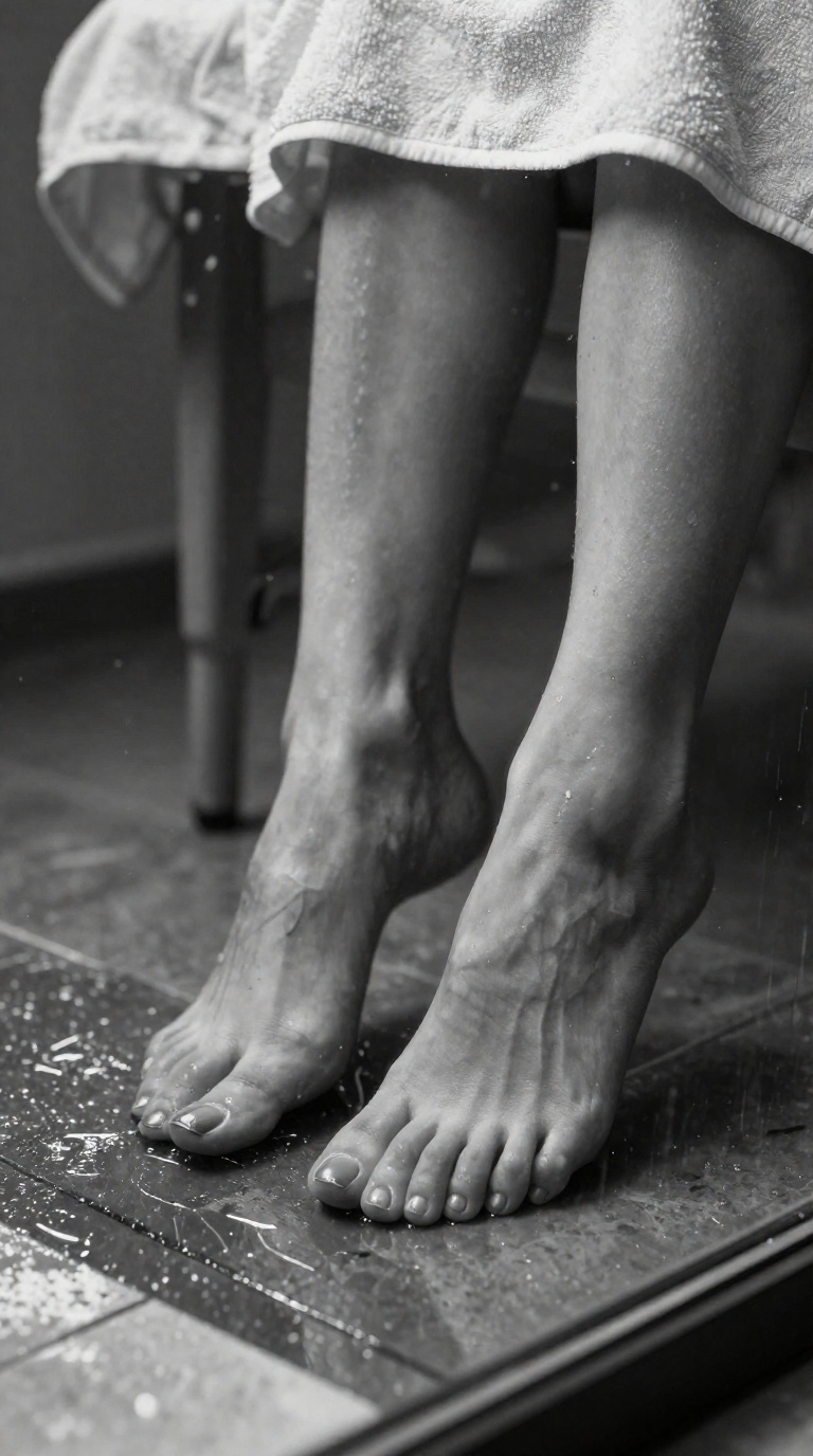 Monochrome close-up of a woman's feet with spread toes pressing against a glass surface, wet tile reflections, and folded towels on a massage table.