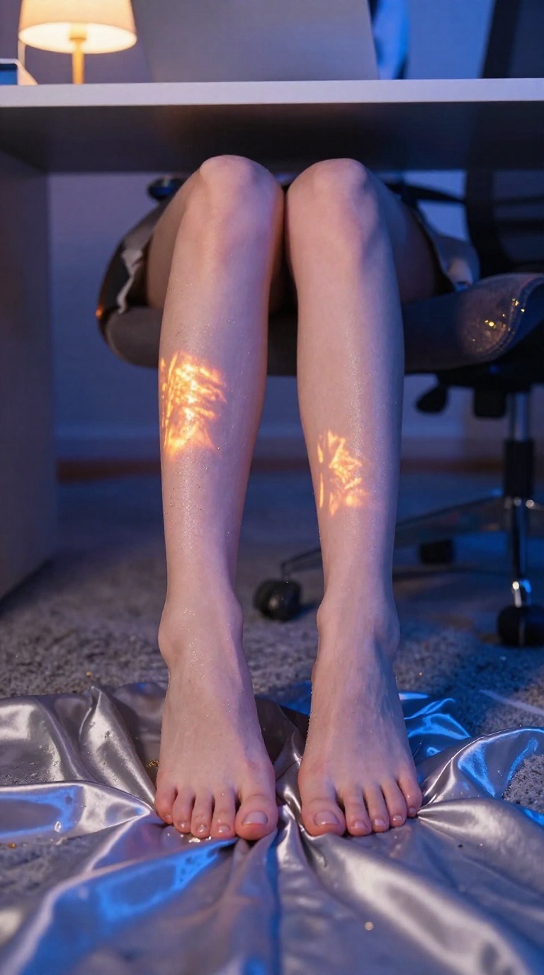 Bare feet with five toes each and clean nails resting on a carpeted office floor, indigo and tungsten light, neon reflections, satin sheets.