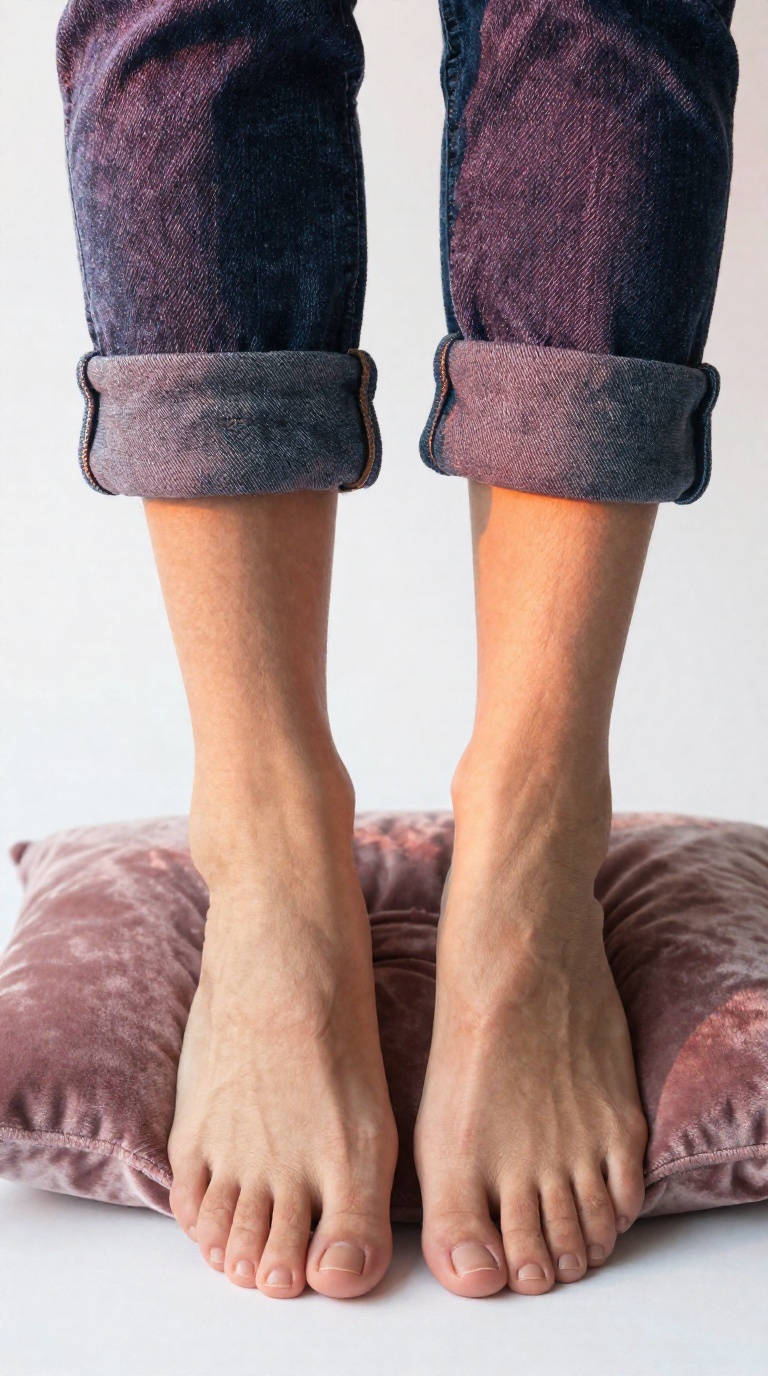 Close-up of a woman's bare feet with five toes each resting on a velvet pillow, rolled denim cuffs, ribbed knit fabric, warm sunset light in a car cabin.
