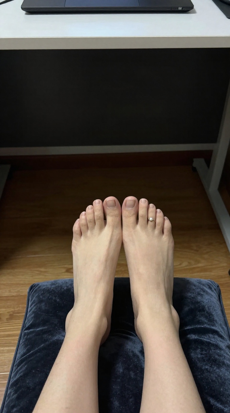 First-person perspective looking down at a woman's bare feet with a pearl toe ring on a velvet pillow under a desk, soft ambient light on warm wood.