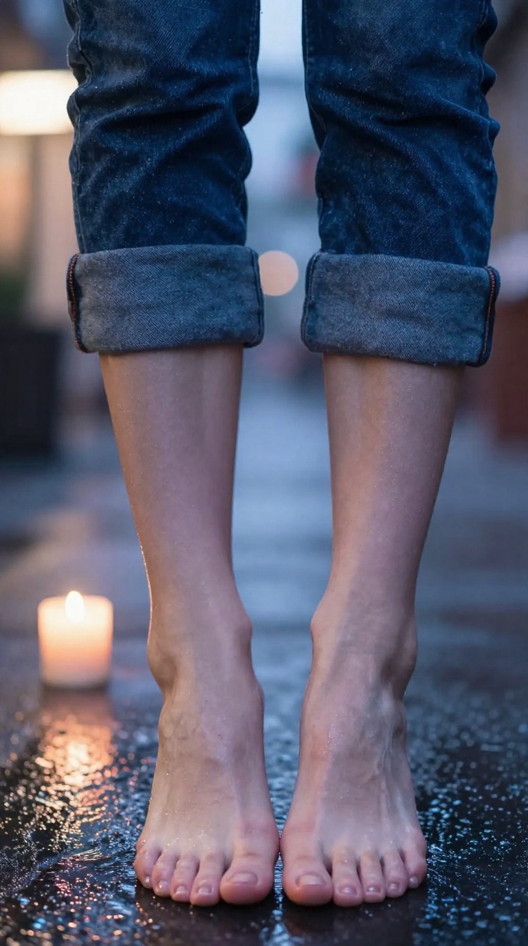 Barefoot woman on tiptoes with rolled denim cuffs, dewy skin sheen from candlelight, neon reflections, and soft roadside drizzle, showcasing unobstructed arches and toes.