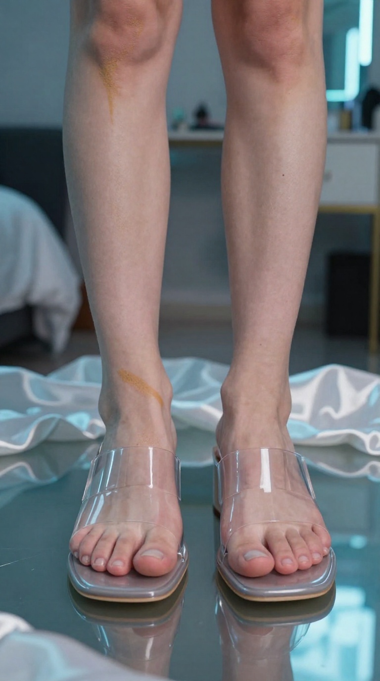 Woman's feet in clear PVC mules pressing against glass with neon city lights reflection, sandal tan lines and satin sheets in a bedroom setting.