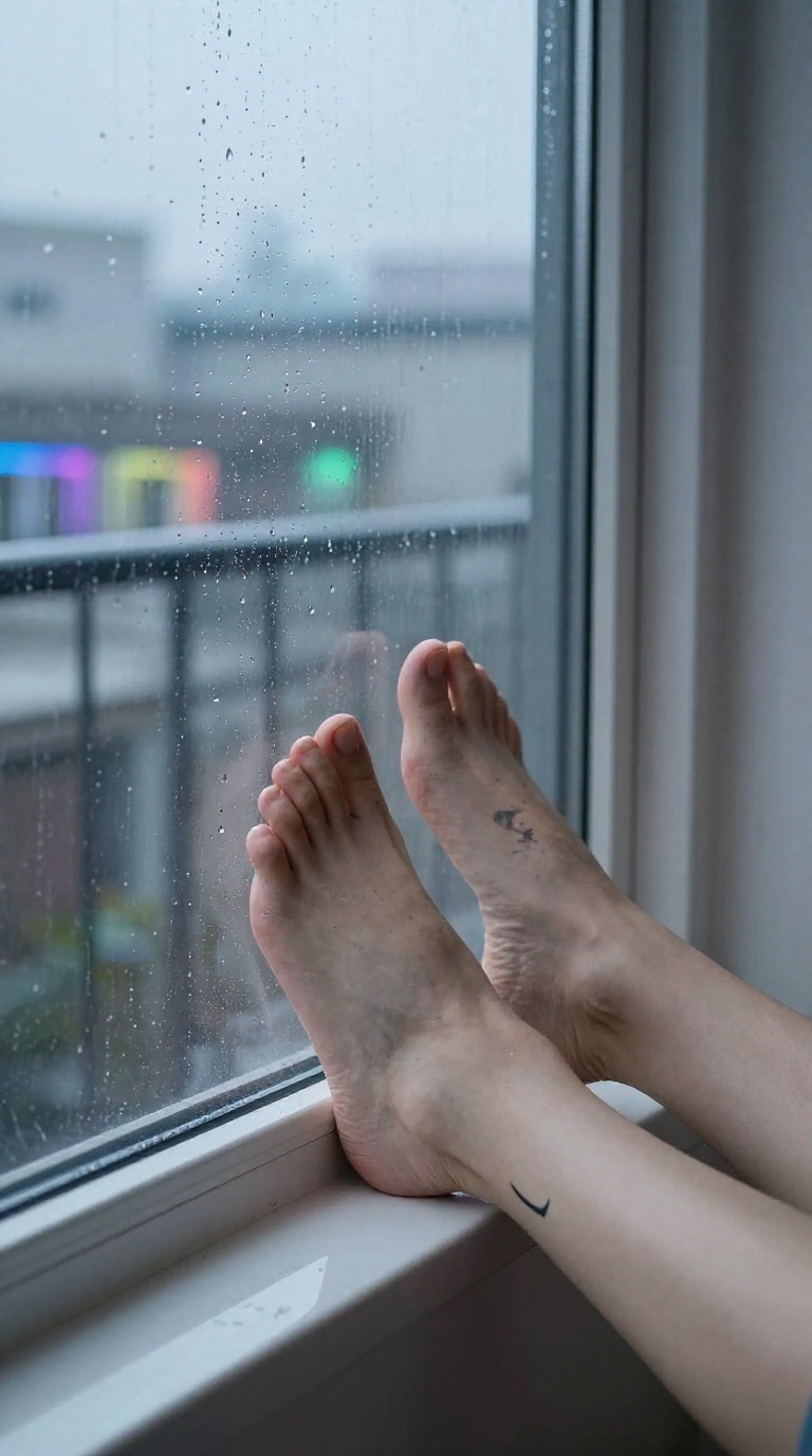 Bare feet with crescent moon ankle tattoo by a rain-streaked window in a cozy room, mirror reflection, toes curling, and a fogged glass pane with condensation.