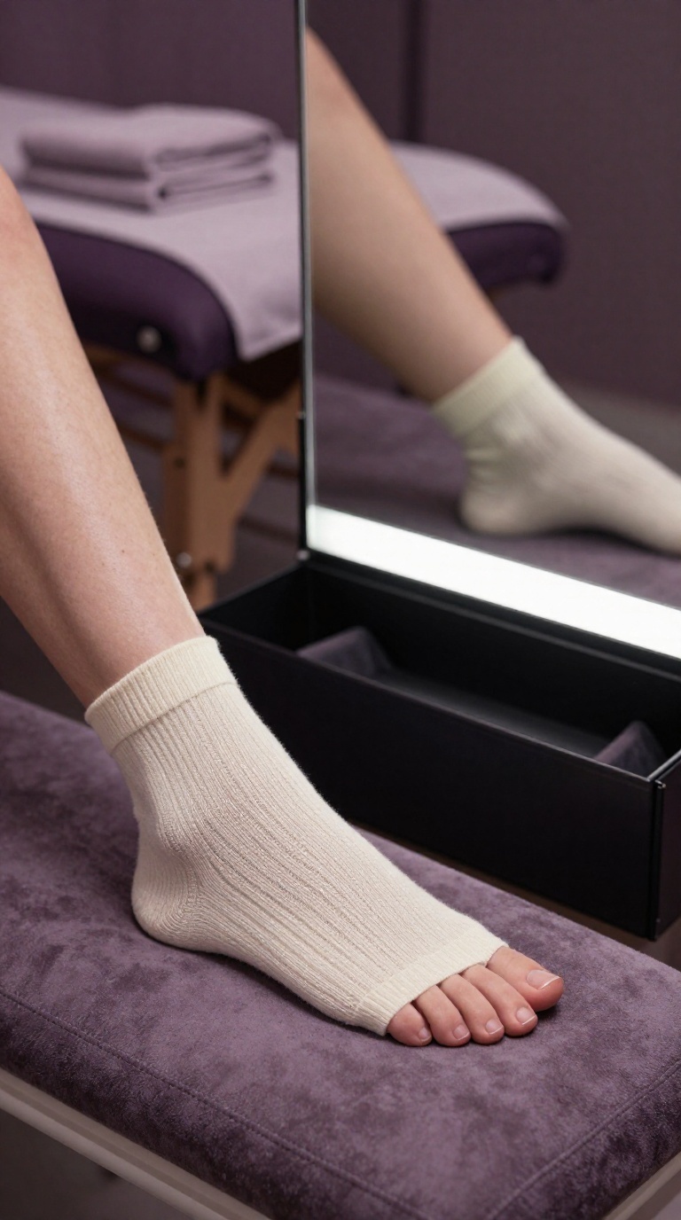 Elegant woman's feet with graceful toe spread on brushed suede seat, one heel hooked over glove box edge, fine-knit cream socks, vanity glow.