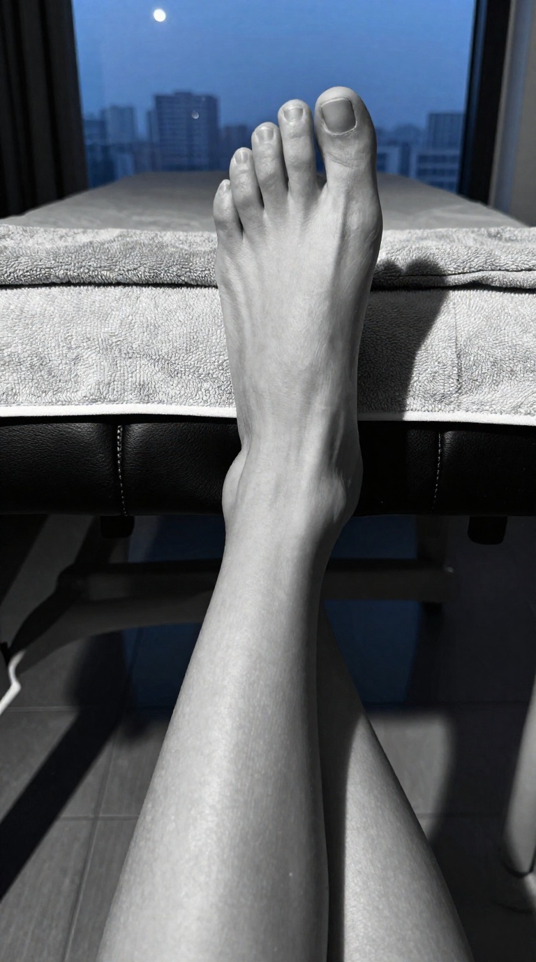 First-person view of bare feet with extreme arch flexing, deep sole wrinkles, and natural skin creases on a massage table with folded towels, black and silver monochrome.