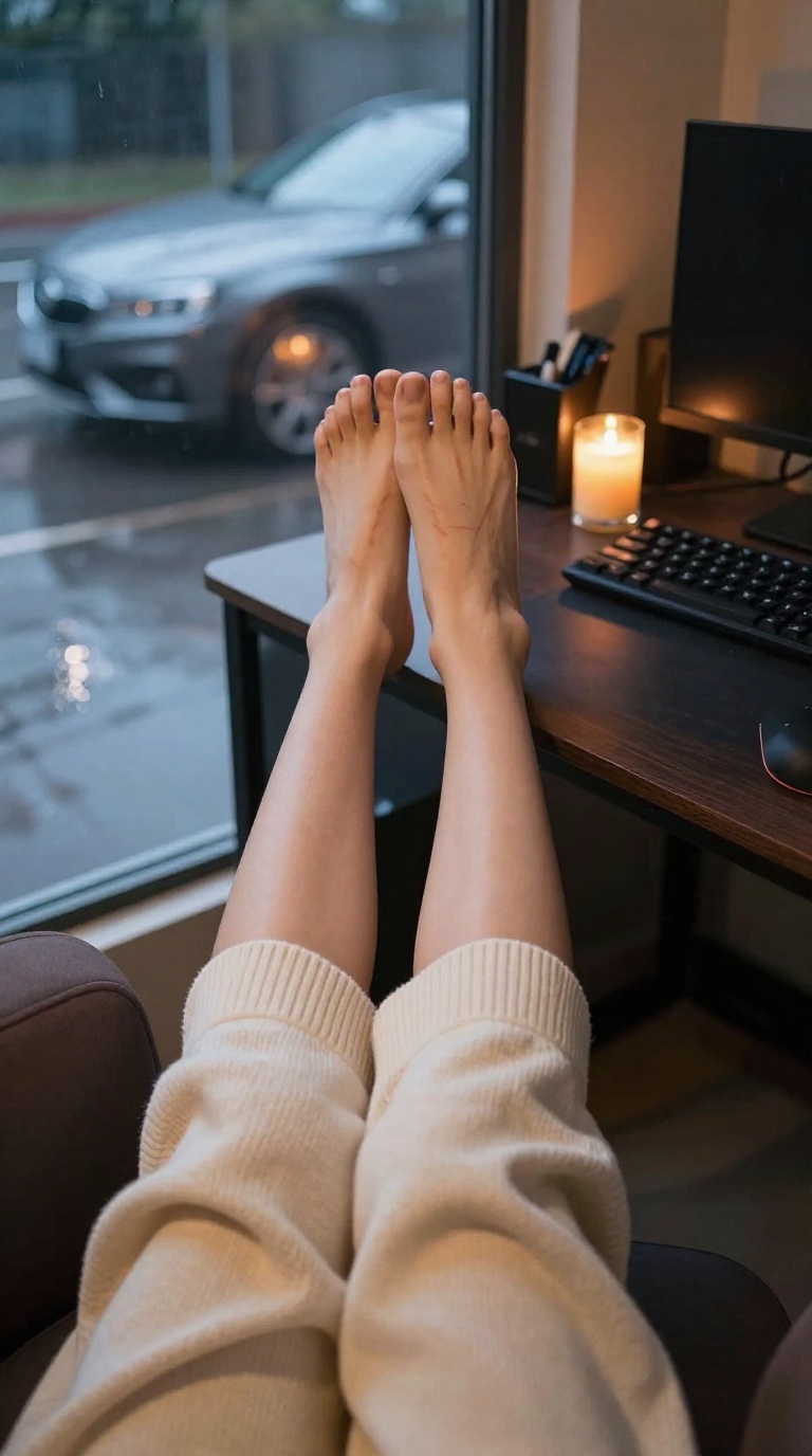 Woman's bare feet with subtle sandal tan lines propped up on a desk, candlelit ambiance with soft overcast window light and wet tile reflections.