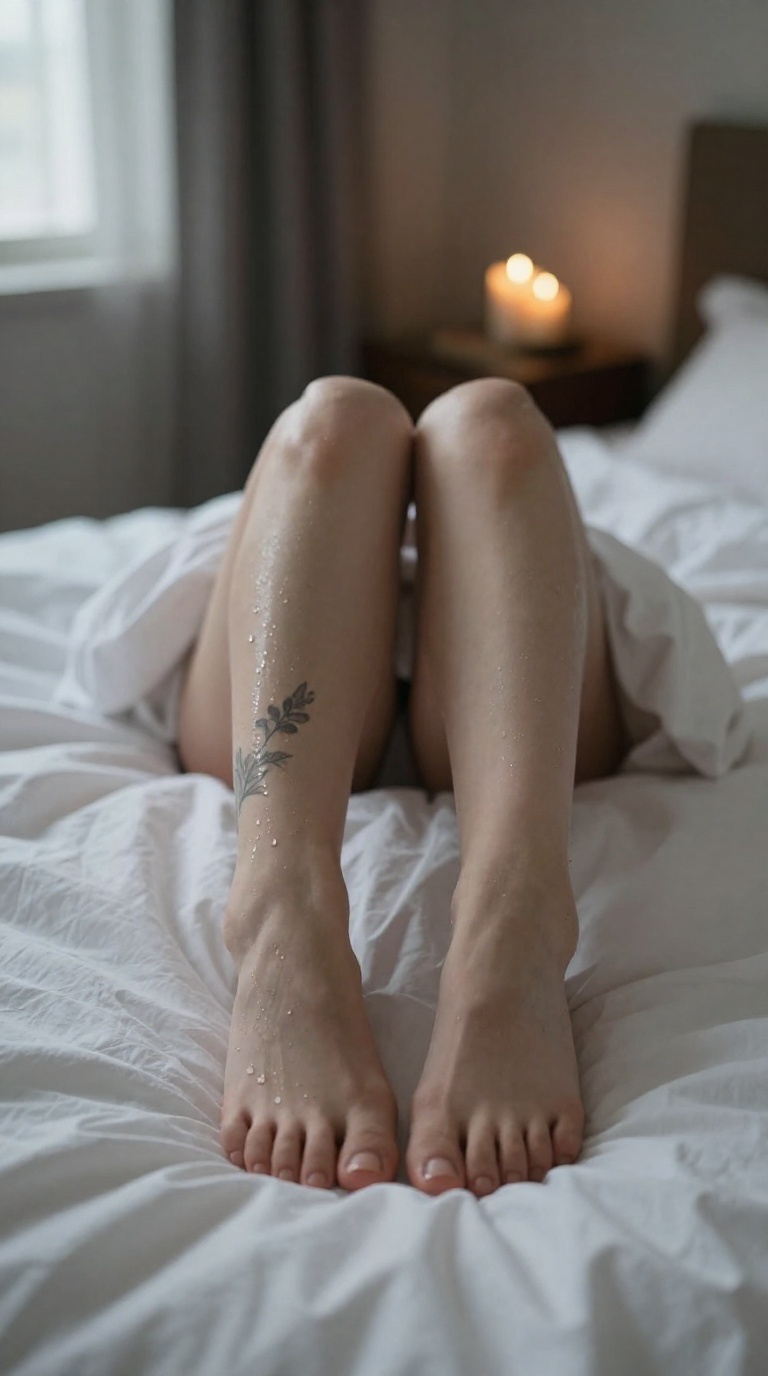 Bare feet with a subtle botanical tattoo and oiled skin rest on white sheets in a warm candlelit room, heels tucked beside hips, toes and arches fully visible.