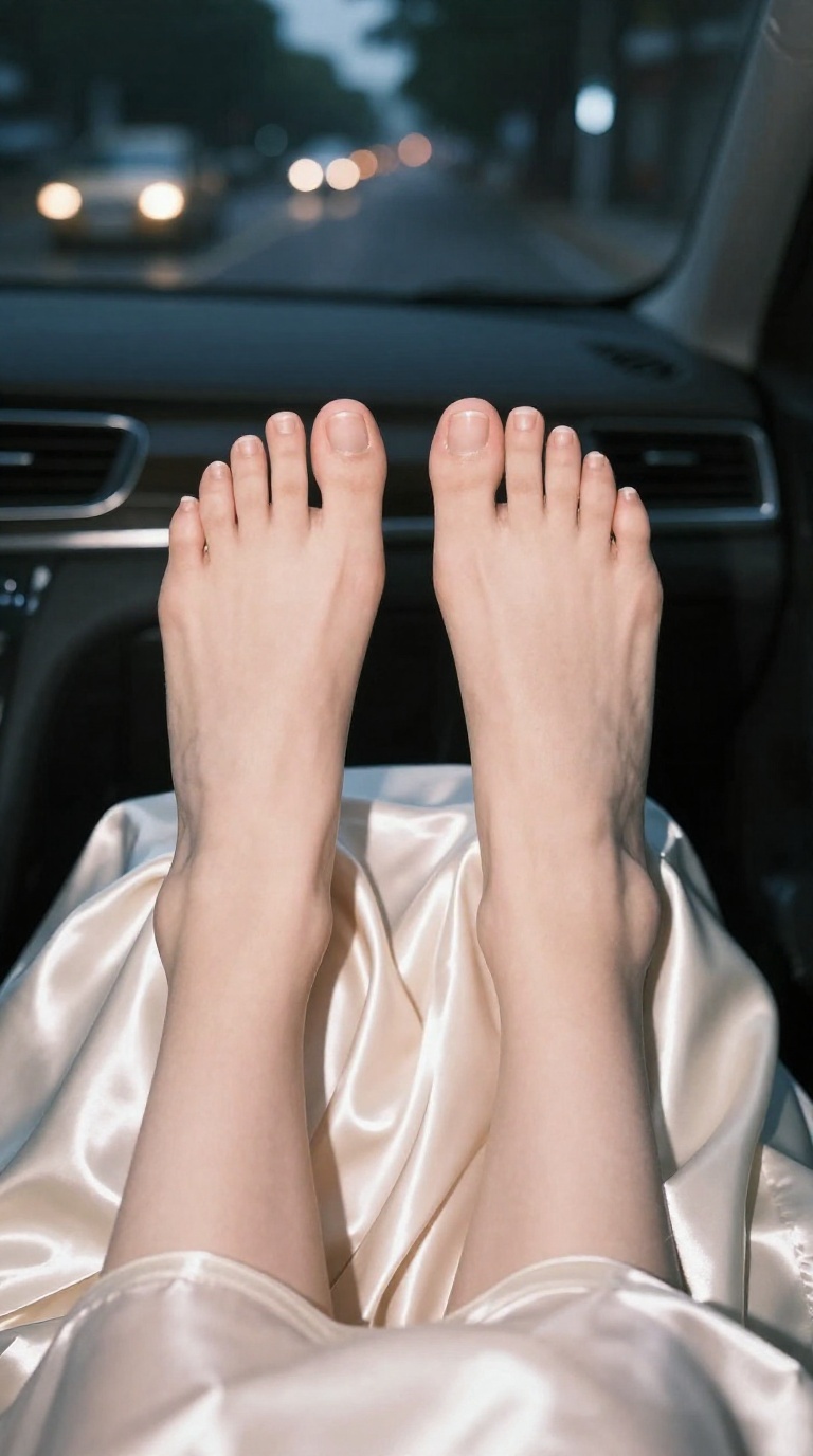 Bare feet with toes spread apart on satin sheets in a night taxi, cream silk maxi dress draped over knees, mirror reflection with city lights.