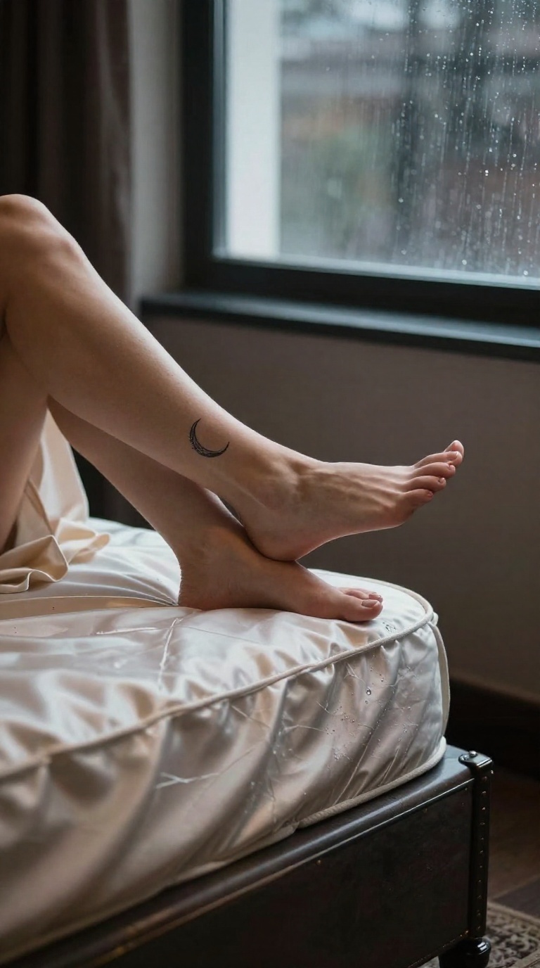 Close-up of a woman's foot with a crescent moon ankle tattoo resting on satin sheets under moody side lighting in an art deco lounge.