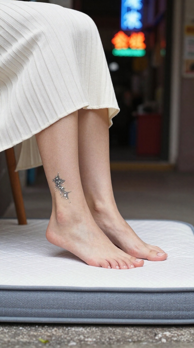 Close side profile of bare feet with a constellation tattoo on the outer ankle, crossed at the ankles, set against a pleated ivory midi skirt hem and ribbed knit texture in a neon alley.