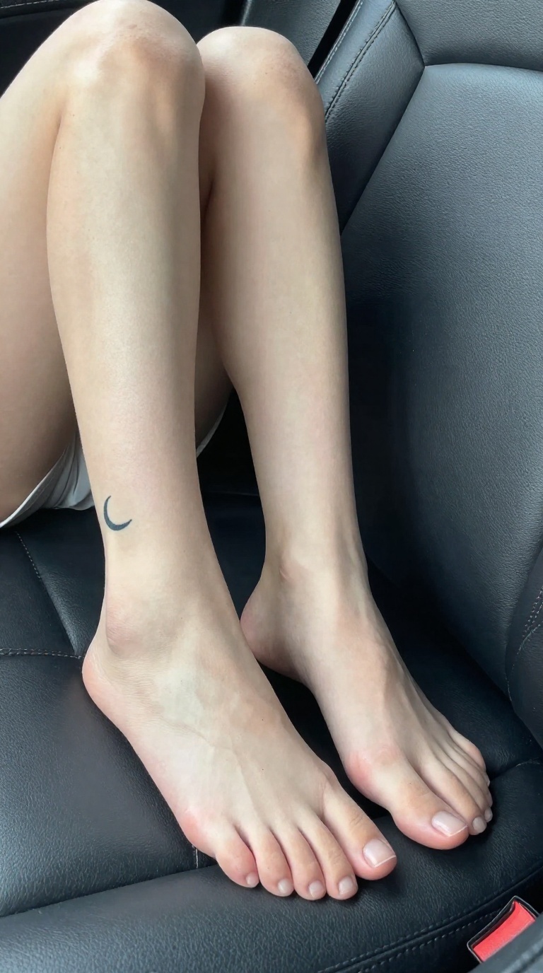 Close-up of bare feet with toes curling on charcoal leather car seat, crescent moon ankle tattoo, dusty soles, soft sunlight.
