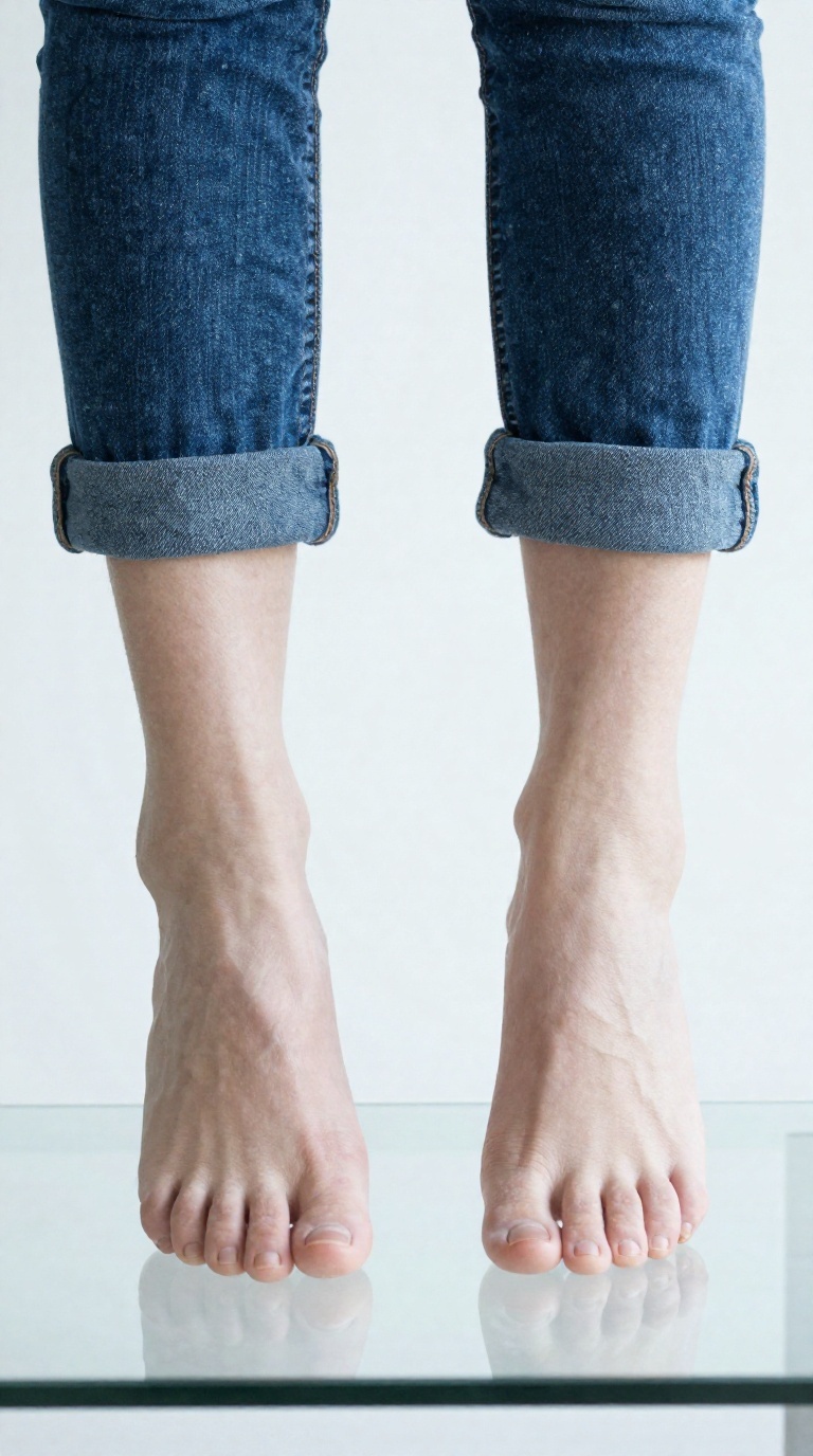 Wide shot of a woman's bare feet with high arches resting on a reflective glass tabletop, rolled denim cuffs, diffused daylight, white studio backdrop.