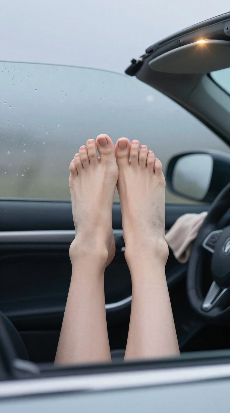 Bare feet with fully visible toes and unobstructed arches resting on a convertible passenger seat, fogged glass condensation, soft overcast light, matte nude pedicure, toes curling, prominent tendons on arched instep.