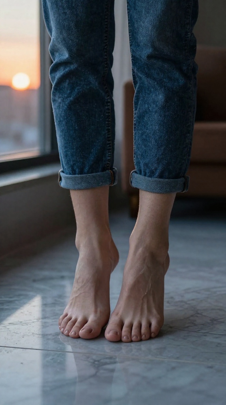 Cropped view of a woman's bare feet balancing on tiptoes on polished marble, with warm sunset light and rolled denim cuffs, evoking rainy-night introspection.