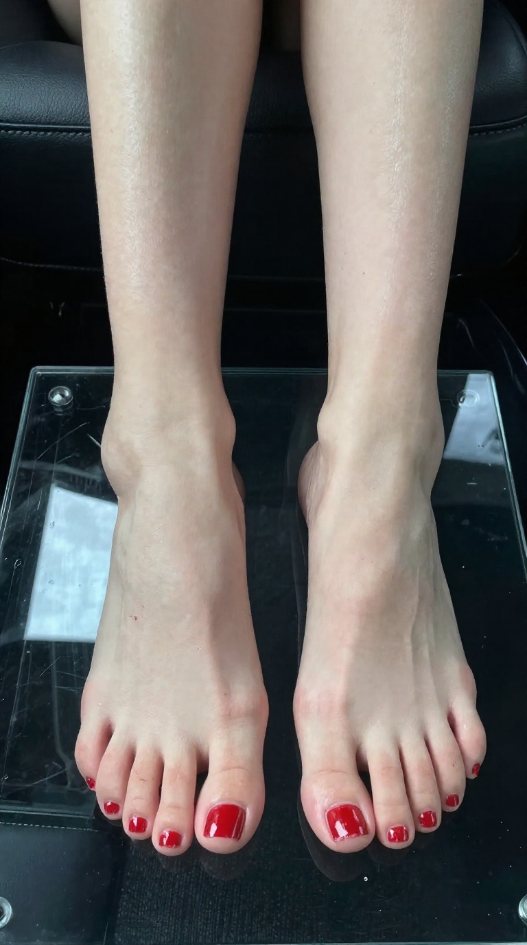 Worm's-eye view of bare feet with red nail polish pressing soles flat against a glass surface in a luxury car back seat, soft light and glossy skin.
