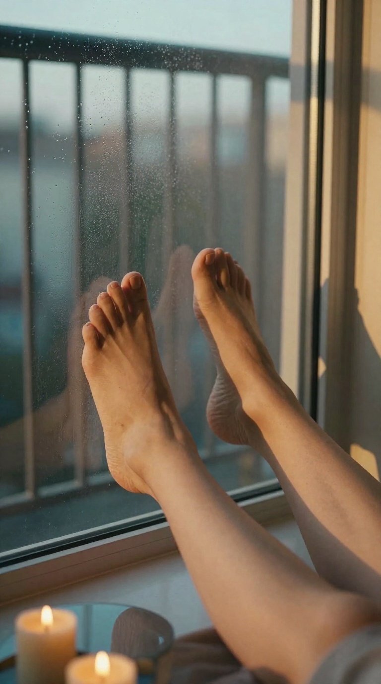 Slender bare feet with fully visible toes and arches pressing against a steamed-up mirror on a private balcony at dusk, golden-hour light.