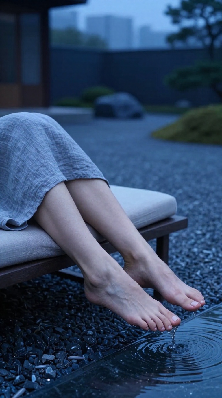 Bare feet with fully visible toes and arches gripping a chaise lounge edge in a zen gravel courtyard at blue hour, with reflected pool shimmer and cool linen texture.