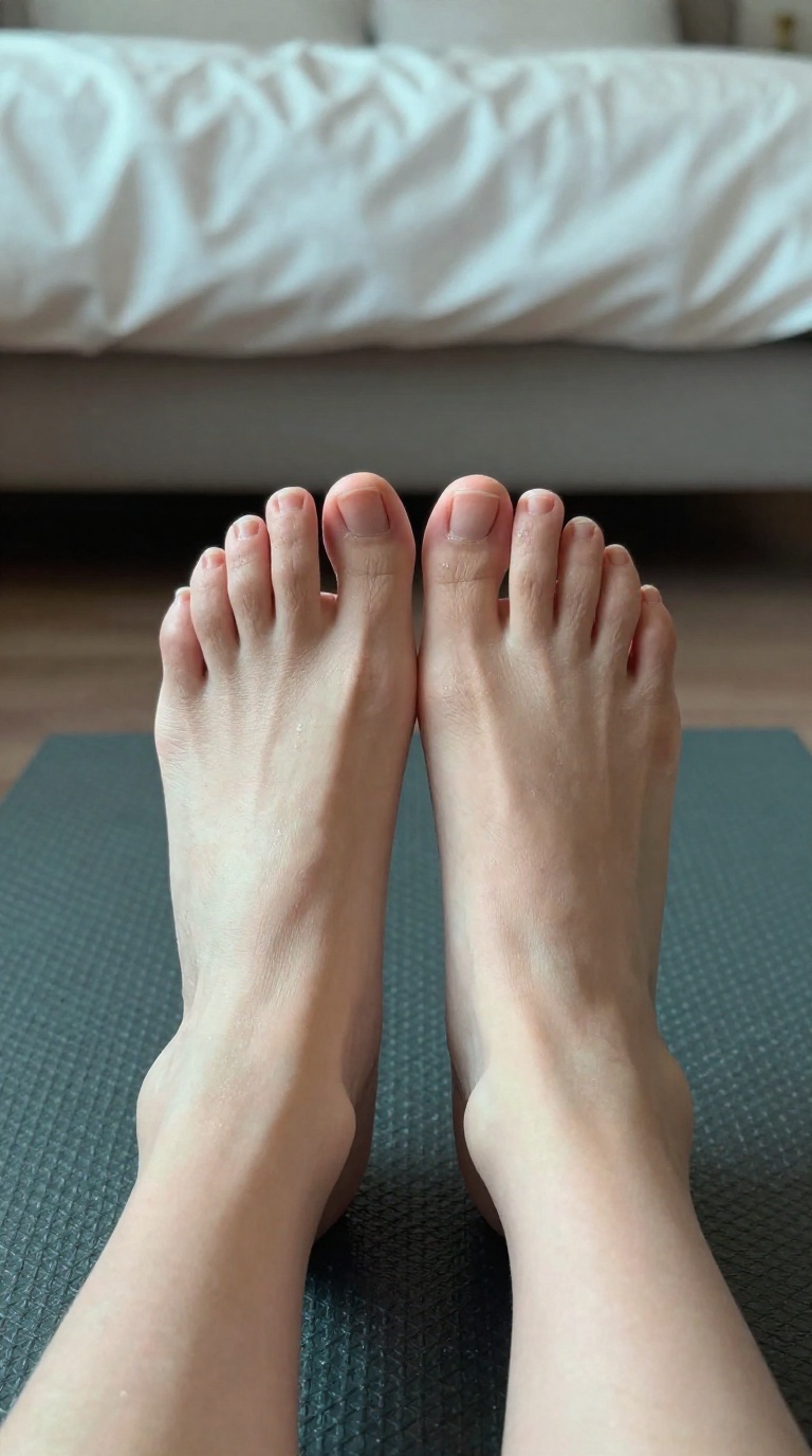 First-person view of a woman's bare feet with high arches, deep sole wrinkles, and jade pearl tones, standing on a textured rubber mat in a softly lit bedroom.