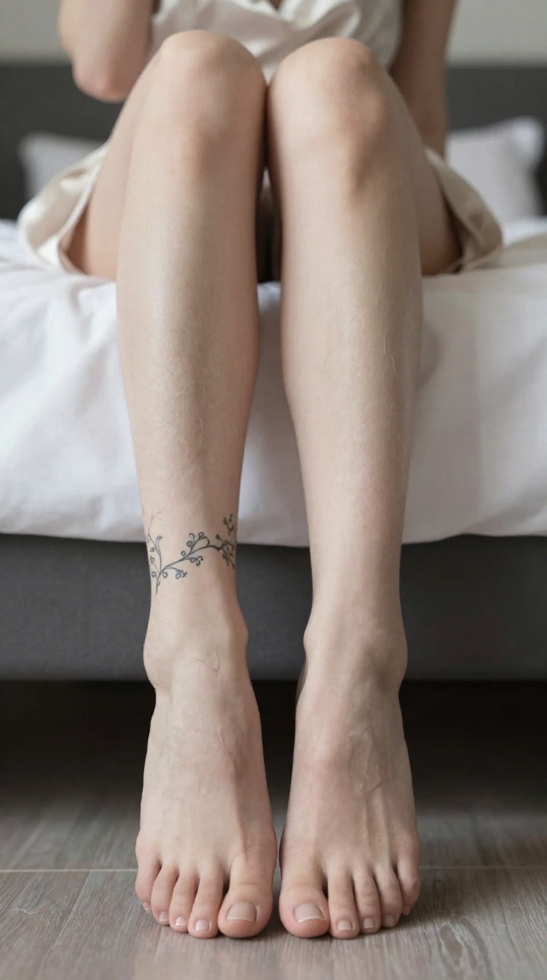 Macro detail of two bare feet with five toes each and a vine ankle tattoo, soles wrinkled, resting on silk scarf folds in a boutique hotel suite.