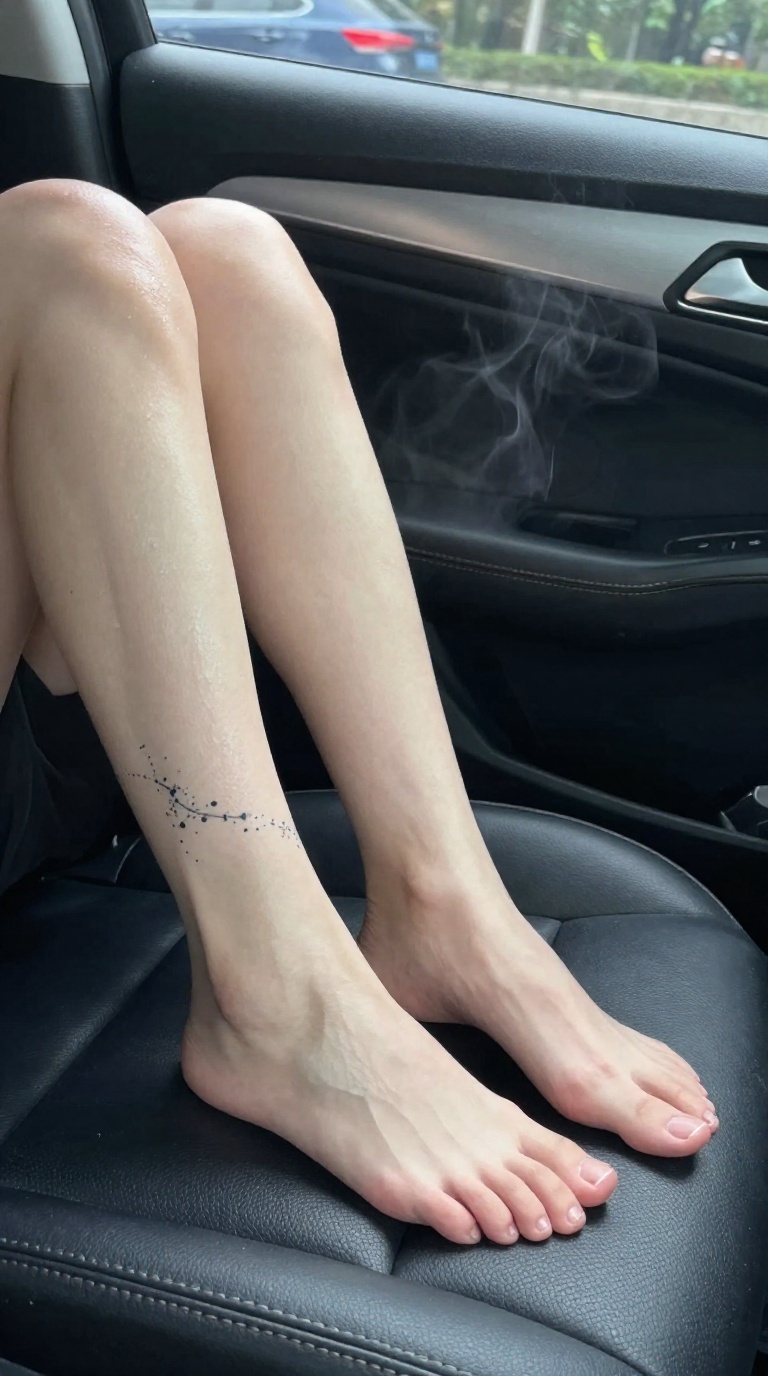 Close view of a woman's bare feet on stitched car seat leather, toes gently pointed, glossy skin with a constellation tattoo on the outer ankle.