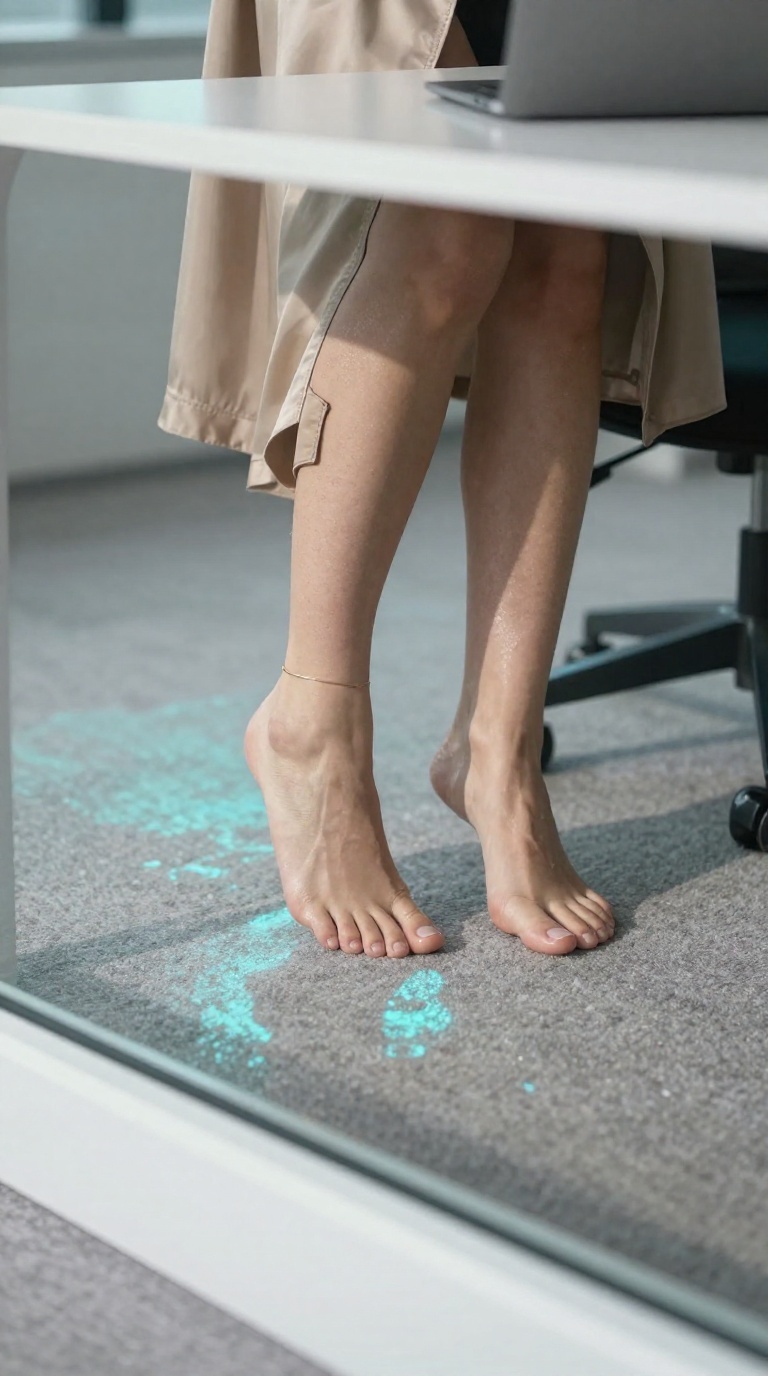 Bare feet with fully visible toes and arches under a desk, one foot brushing the opposite ankle, silk trench coat hem, minimalist ankle bracelet, pool shimmer reflection.