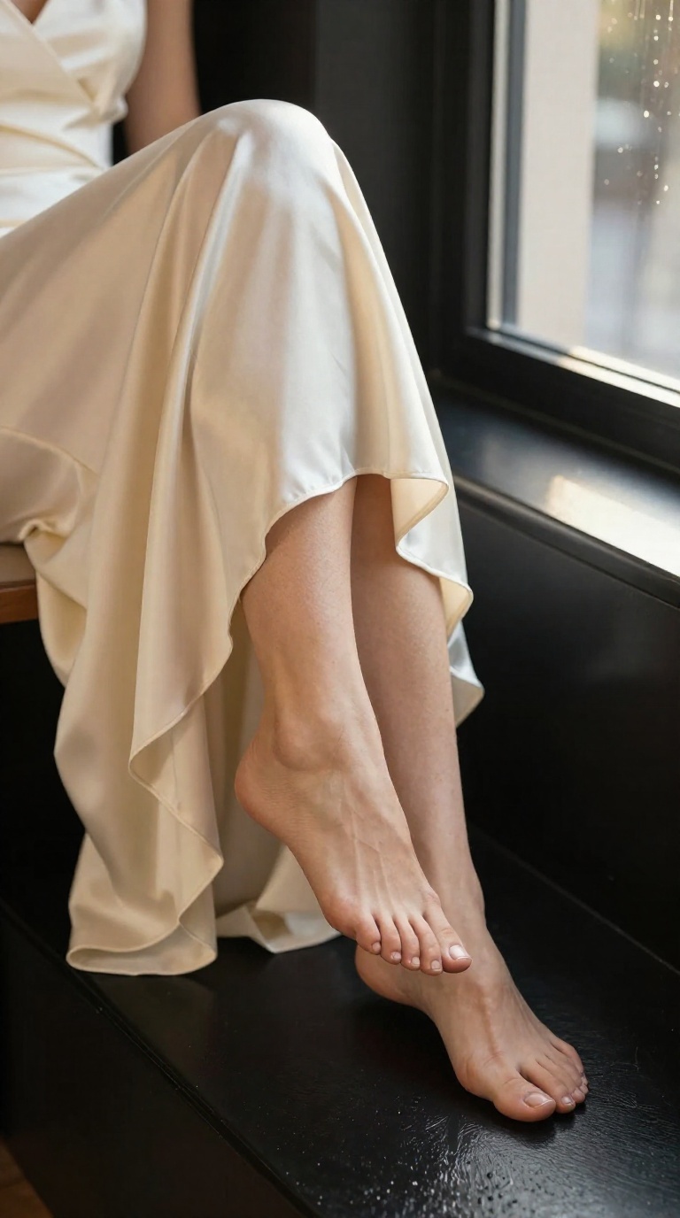 Cropped view of a woman's bare feet with a flexed arch and fine sole wrinkles, cream silk maxi dress, rainy window nook, golden hour light, black leather door panel.