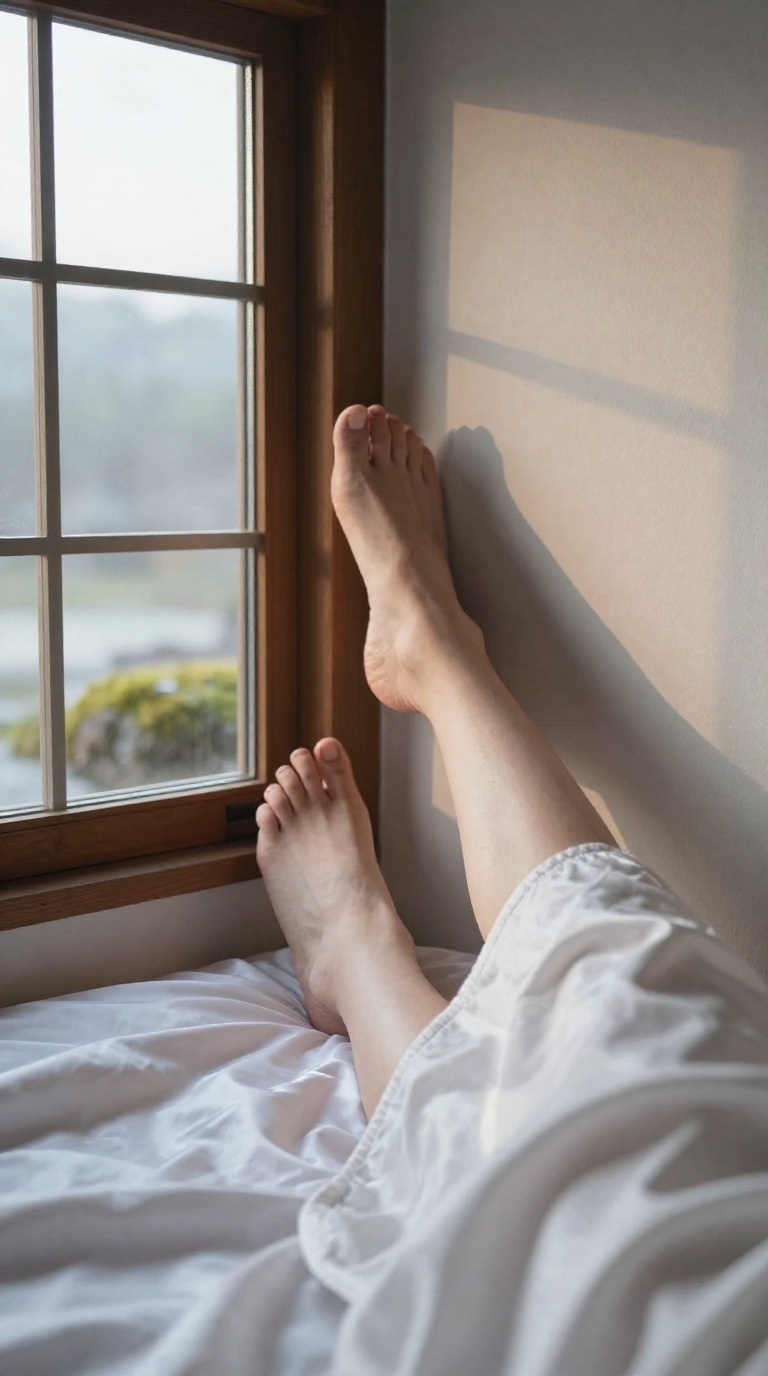 Bare feet with fully visible toes and unobstructed arches rest on satin sheets in a cozy room with wooden engawa and moss stones.