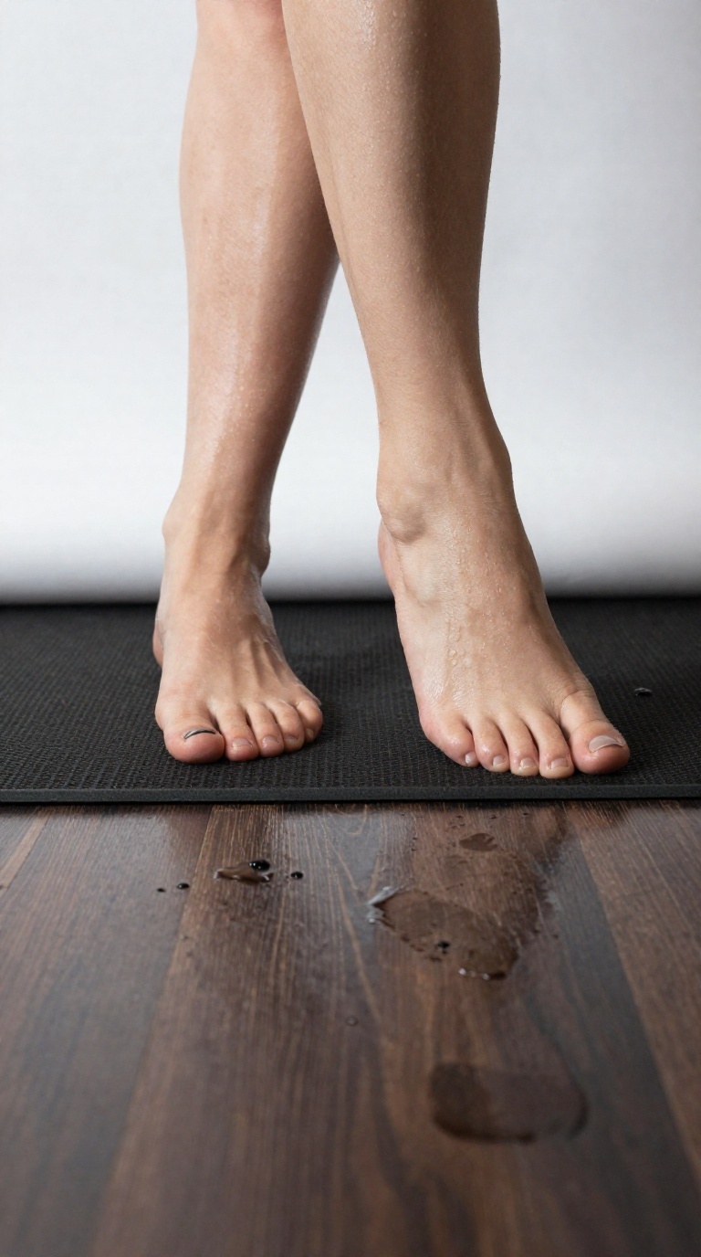 Floor-level cinematic shot of bare feet with a black gemstone toe ring, glistening soles, and damp footprints fading on a dark luxury wood floor under filtered daylight.