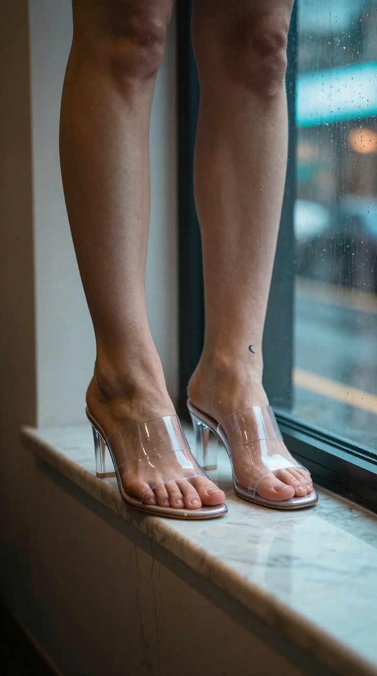 Woman balancing on tiptoes in transparent PVC mules on polished marble, arched instep tendons, crescent moon ankle tattoo, neon reflections.