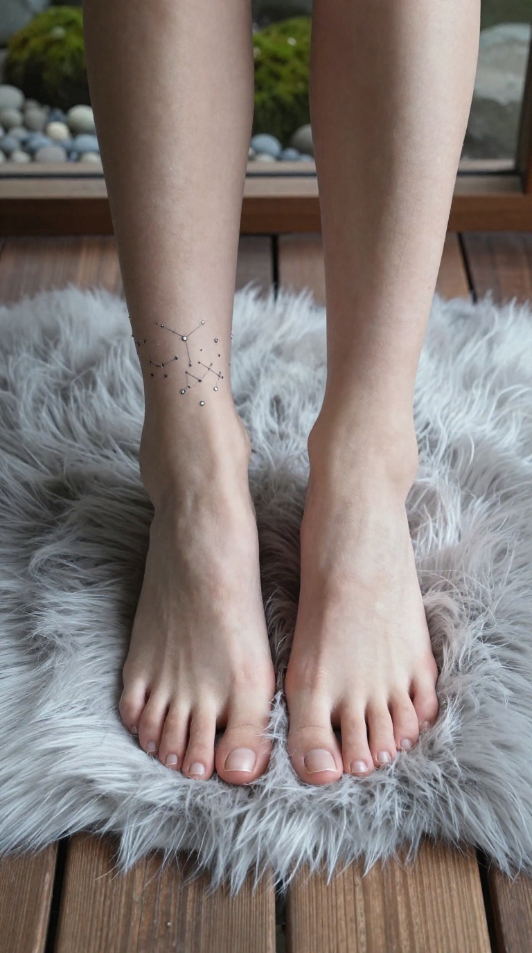Top-down view of a woman's bare feet with stretched pointed toes, constellation tattoo on outer ankle, and veins visible along the arch, resting on a faux fur rug on a wooden engawa.