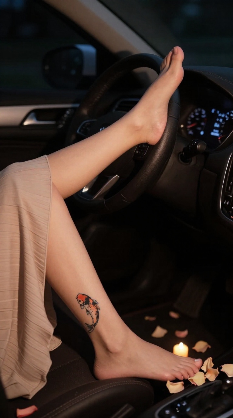 Bare feet with slender toes and unobstructed arches on a car dashboard beside the passenger seat, one heel crushing soft rose petals, koi tattoo on ankle, candlelit spotlight.