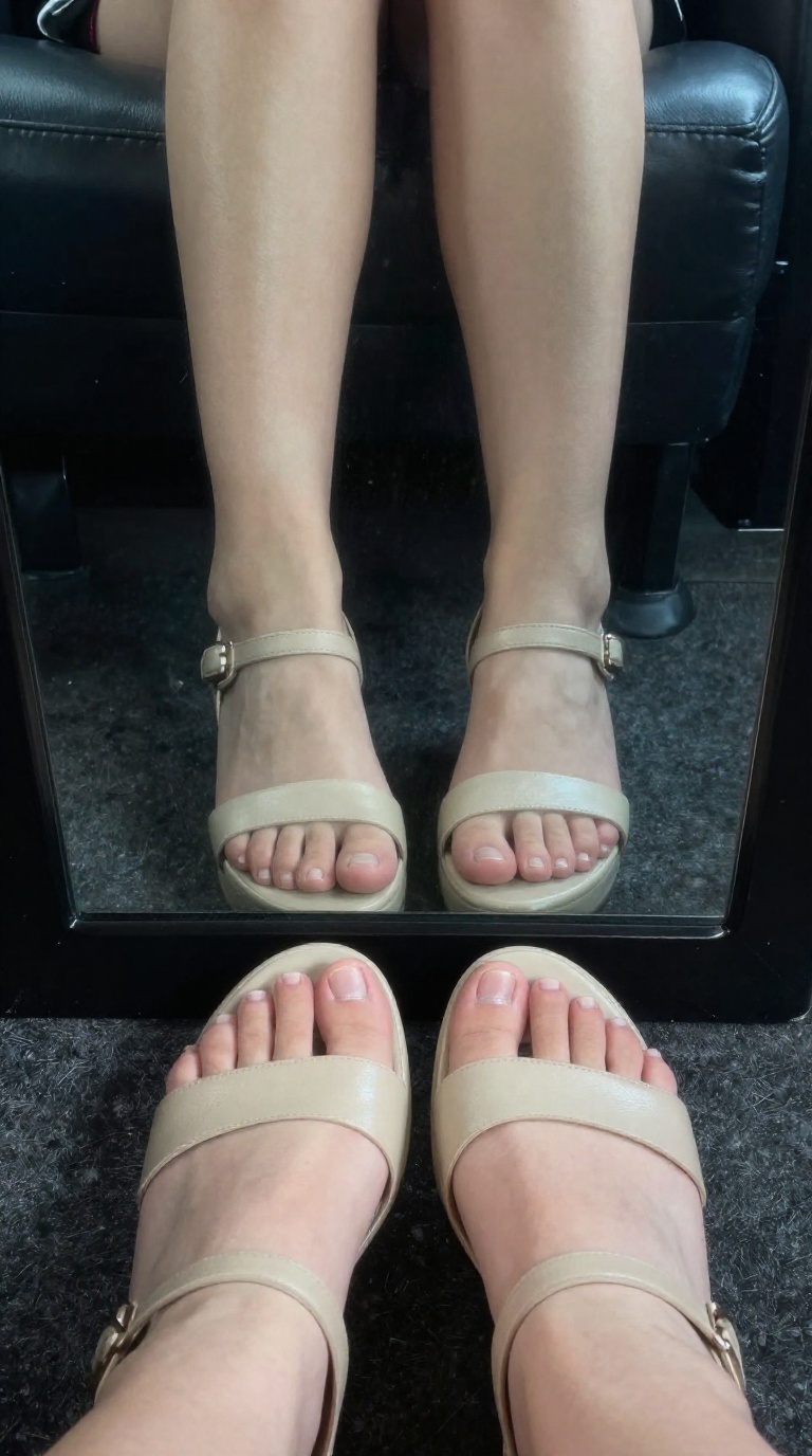 Close-up of a woman's feet in strappy wedge sandals resting on a taxi seat, illuminated by meter and vanity mirror glow, highlighting powder-soft insteps and five toes per foot.
