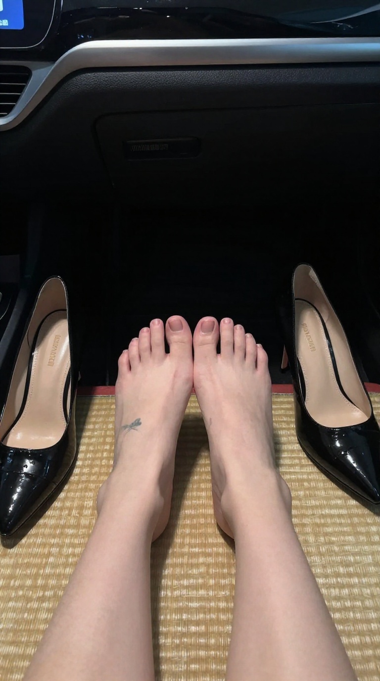 First-person view of bare feet resting on woven tatami, highlighted by a spotlight, with a botanical tattoo on the instep and toes fully visible.