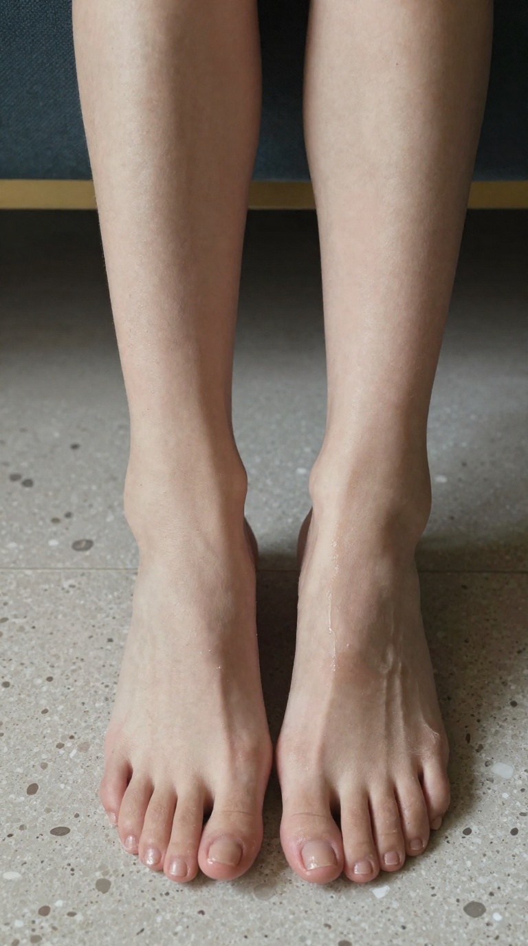 Top-down view of a woman's bare feet on tiptoes in an art deco lounge, muted overcast side light, pearl toe ring, and smudged massage oil on the instep.