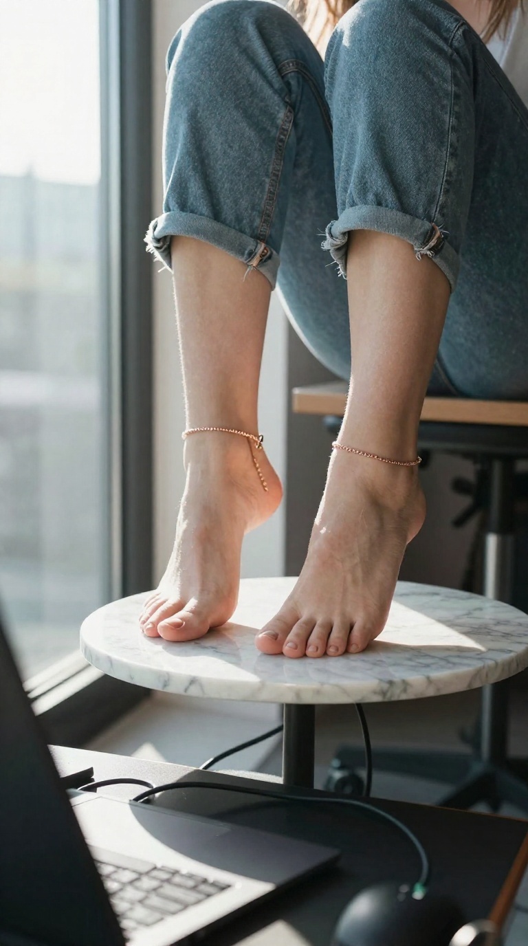 Bare feet with five toes each balance on tiptoes on polished marble beside a messy gamer desk, rose-gold ankle chain glinting in sun-soaked seafoam and warm sand tones.