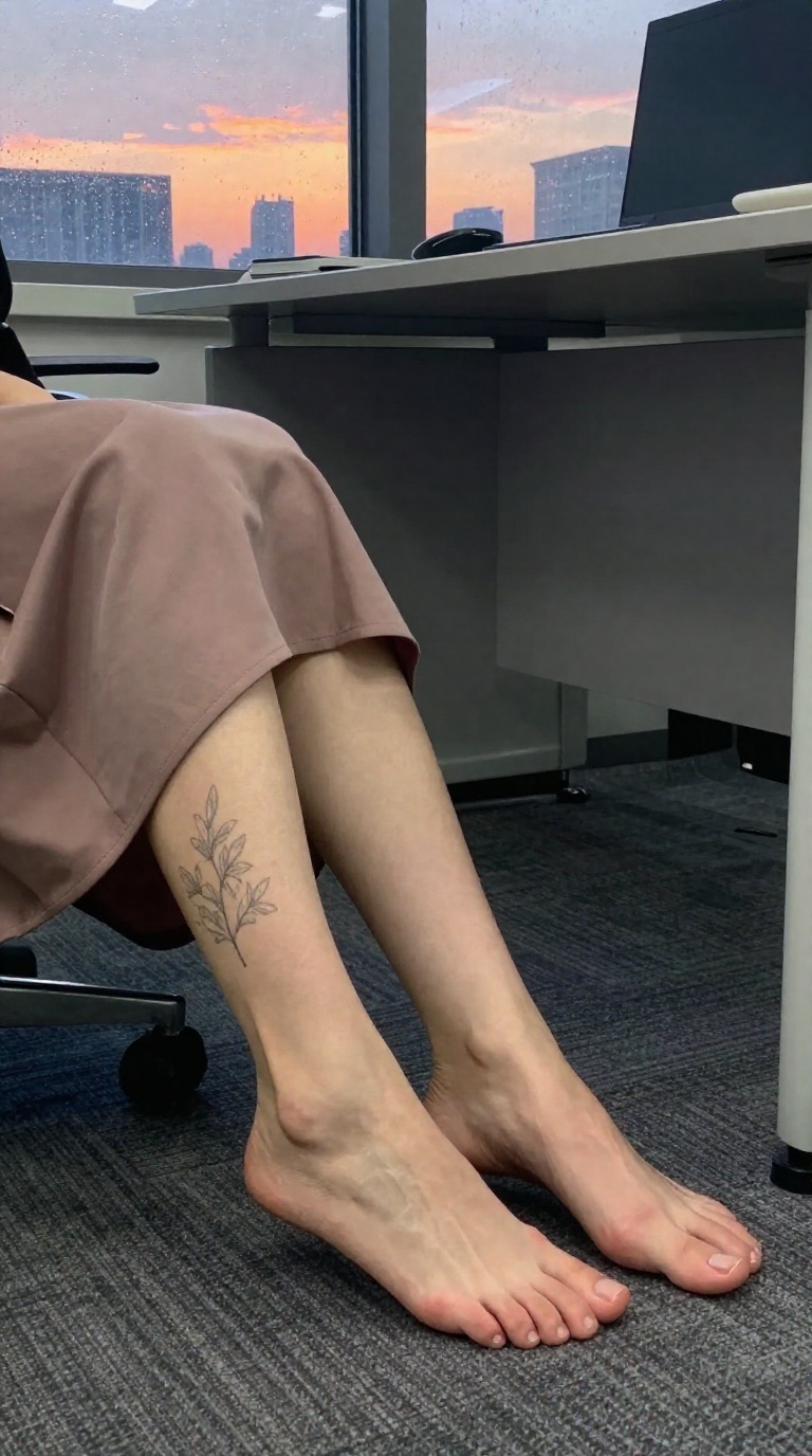 Close-up of bare feminine feet with a botanical tattoo on the instep, wrinkled soles, and visible toes, resting on a carpeted floor under a desk with neon glow from a rain-speckled window.