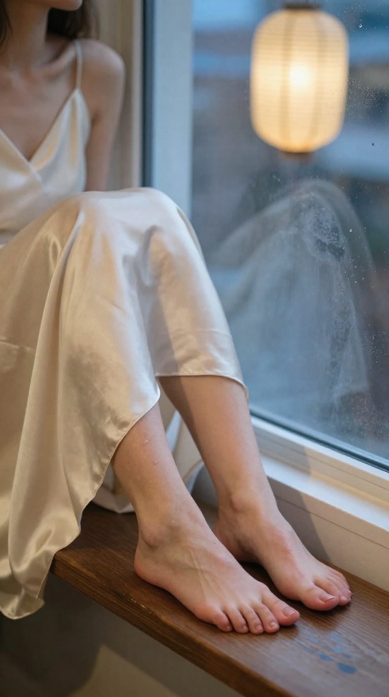 Over-the-knee view of two bare feet with visible toes and arches pressing against a steamed mirror in warm paper-lantern light.