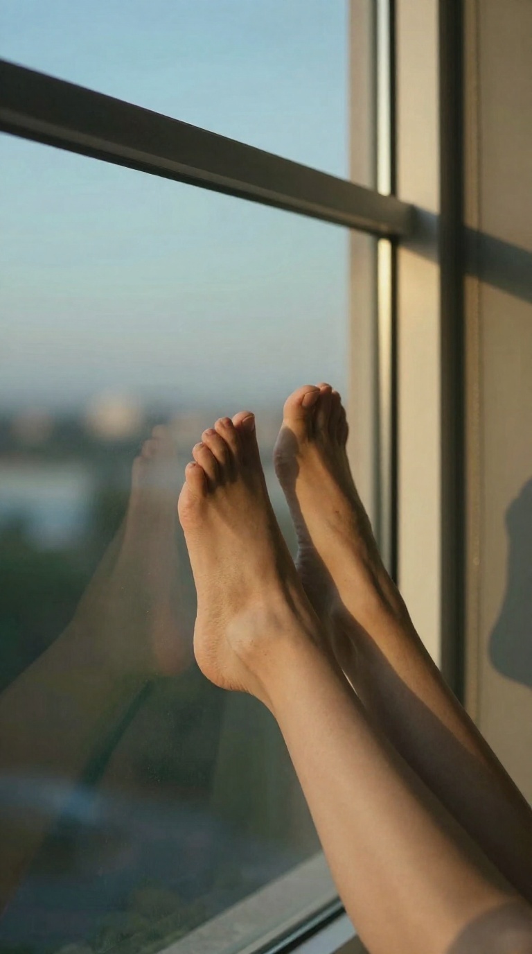 Wide shot of bare female feet with visible toes and arches resting against cool window glass, soft daylight creating emerald and gold contrast on a private balcony at dusk.