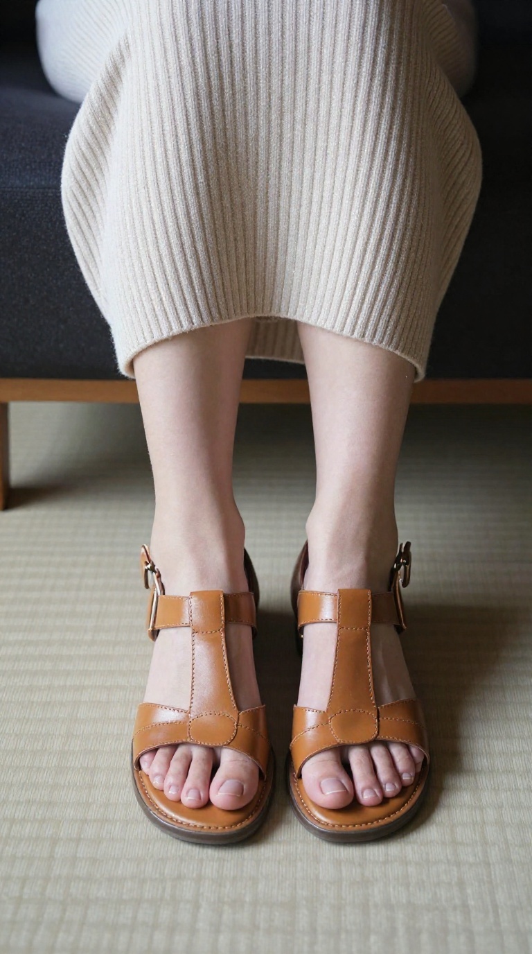 Close-up of a woman's feet in tan leather gladiator sandals on a tatami floor, wearing a ribbed knit skirt, with glossy skin and lens flare.