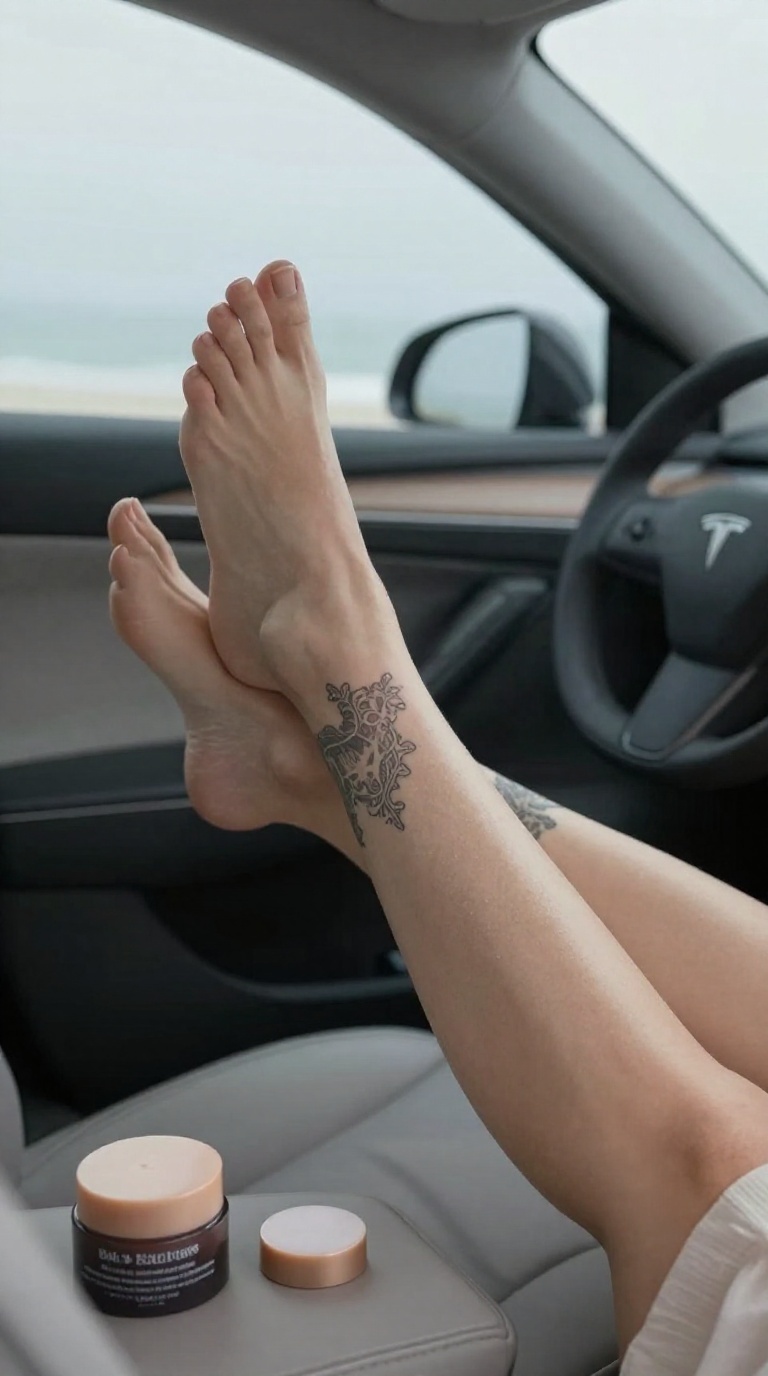 Cinematic diagonal composition of a woman's bare feet with visible toes and arch, lace ankle tattoo, pressing against a warm car windshield in soft light.