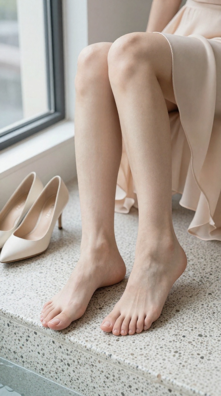 Close-up of a woman's bare feet with toes spread on a pebbled spa stone, wearing a chiffon skirt, in a Tokyo apartment window seat setting with heels tucked beside her hips.