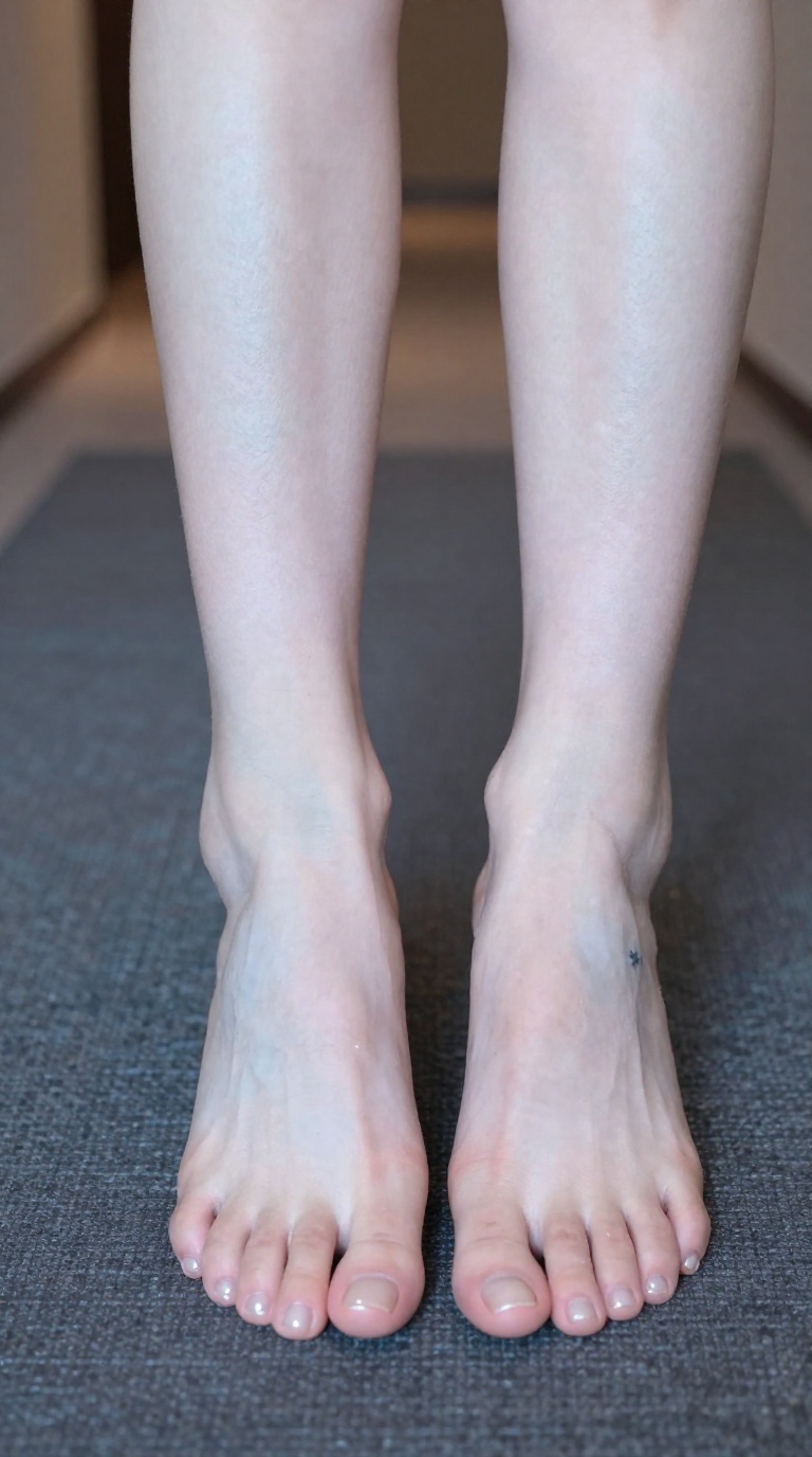 Macro photo of bare feet with a tiny star tattoo near the heel, extreme arch flexing showing deep sole wrinkles, on a textured rubber mat in a hotel hallway.