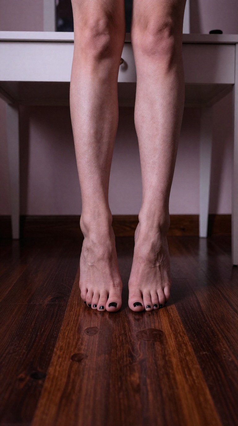 Worm's-eye view of a woman's feet with chipped black nail polish, heels lifted off dark wood floor, warm tungsten light, smoky mauve and charcoal tones.
