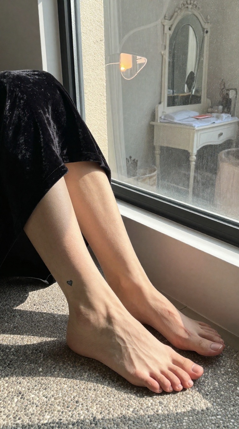 Bare feminine feet crossed on a car floor mat, micro heart tattoo below the ankle, sunset glow on arched insteps and fully visible toes.